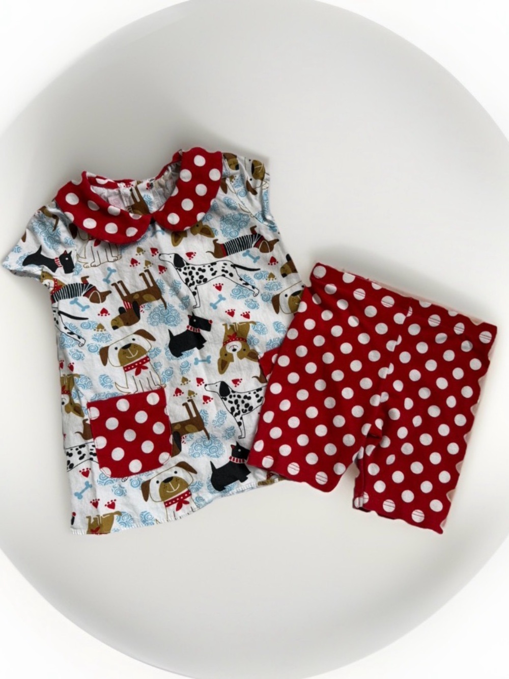 12M Dog Polka Dot Baby Dress Shorts Set Red White Peter Pan Collar Whimsical